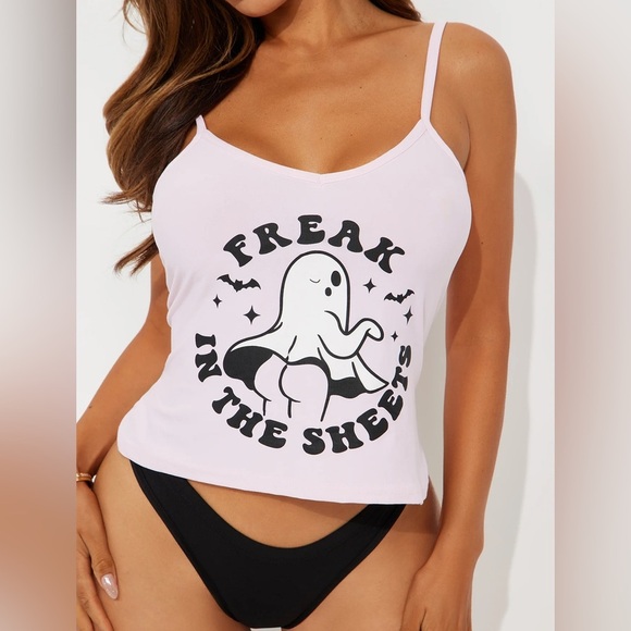 NWT Halloween Cami & Thong Set - “Freak In The Sheets” - Pink - Size Small - Picture 4 of 9